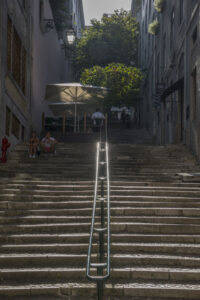 Up and down - stairs or narrow roads.