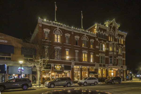 The Strater Hotel at night.