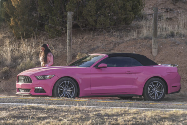 ... while their daughter shows off with her matching car to her outfit.