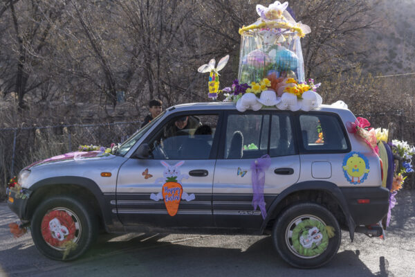 Annie Social with her decorated car