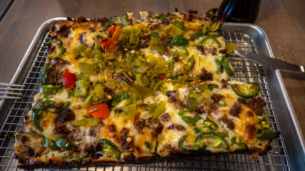 Yes, I was hungry, BUT this Green Chile Pizza is out of this world.