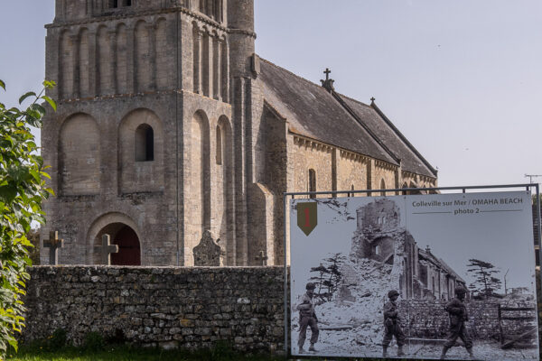 Original picture of a bombarded church in Colleville Sur Mer / Omaha Beach. Now the church was rebuilt the way it was before the war.