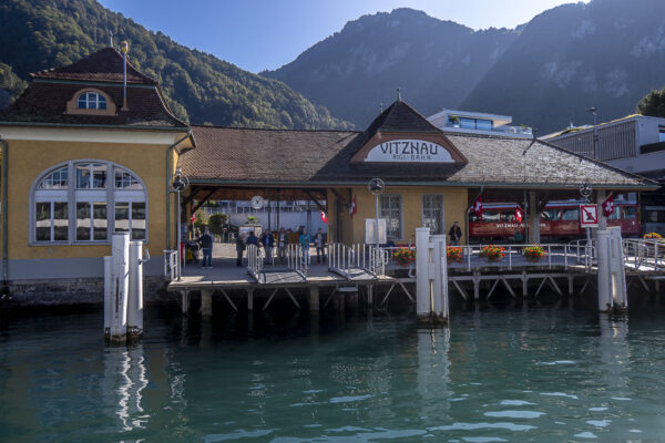 Arrive by boat in Vitznau, and take the train to the Rigi